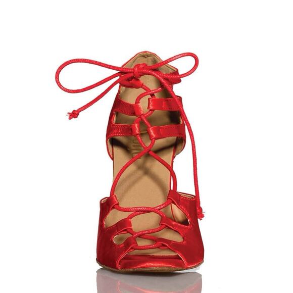 Burju Latin Dance Alemana Red Satin Open Toe Lace Up Heeled Sandals Size 6.5 - Picture 16 of 16